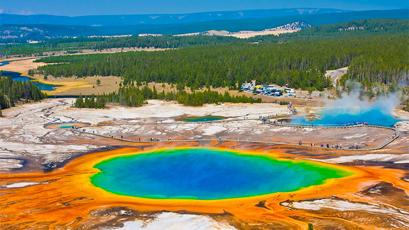 Yellowstone National Park is a nearly 3,500-sq.-mile wilderness recreation area atop a volcanic hot spot.